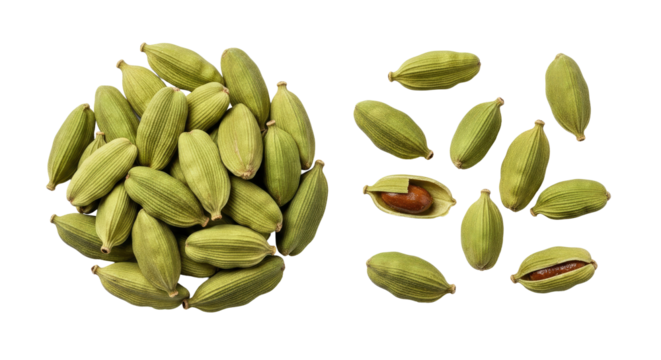 Close up of Cardamom Pods with One Open Shell Revealing Aromatic Black Seeds Inside
