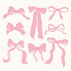 Art & IllustrationSet of pink ribbon bows in a soft hand-drawn style. Cute decorative collection for cards, packaging, crafts, invitations, and feminine design projects.