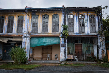 Facade of the old chinese abandoned house in Papan Heritage village in Perak Malaysia
