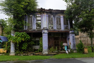 Facade of the old chinese abandoned house in Papan Heritage village in Perak Malaysia
