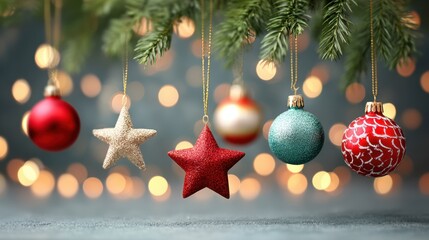 Christmas Ornaments Hanging From Pine Tree Branch With Bokeh Lights Background For Holiday Season And Festive Celebrations