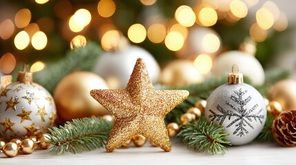 Festive Christmas Ornaments With Gold Star Silver Baubles Pine Branches And Bokeh Lights For Holiday Season And Celebrations
