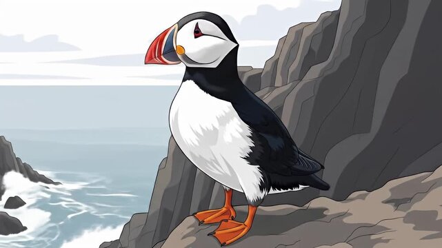 Puffin standing on a cliff overlooking the ocean.