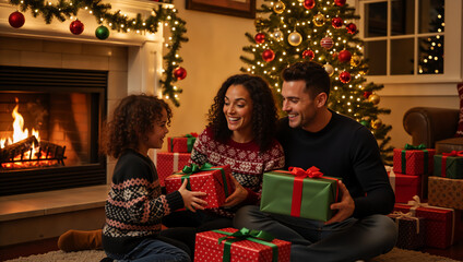 Happy diverse family celebrating Christmas by exchanging gifts. Parents and child sitting on the floor near a decorated tree and a cozy fireplace. Holiday season joy and tradition