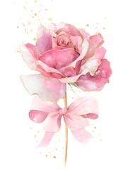 A single rose with a ribbon, watercolor illustration, clip art