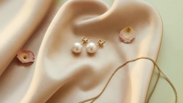 Elegant pearl earrings displayed on soft satin fabric, surrounded by delicate flower petals, showcasing a gradual zoom in on the jewelry, highlighting its intricate design and luxurious texture