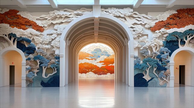 A modern interior features an arched hallway with a colorful paper art mural depicting a landscape scene. The artwork is the focal point, with a sense of depth