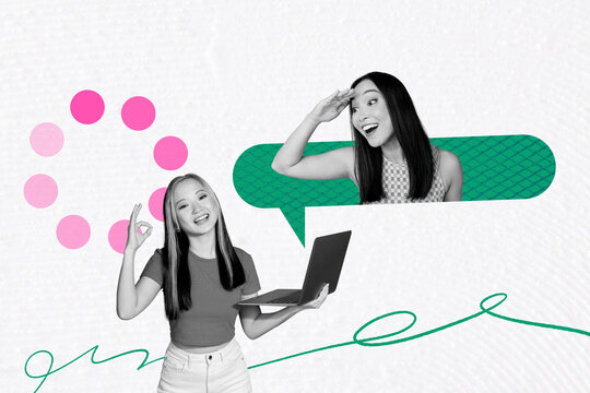 Creative full artwork pop collage of two happy girls hold laptop bubble distance video call communication speech chatterbox