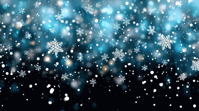 Fototapeta Snowflakes Falling On Blue Background With Bokeh Lights For Winter Holiday Season And Christmas Celebrations Festive And Decorative
