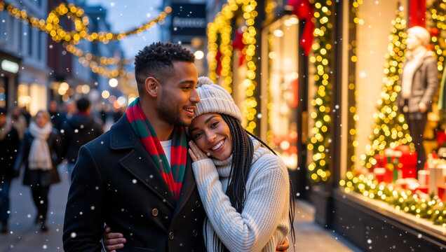 Happy couple enjoying Christmas shopping on a snowy city street at night. Young man and woman in love embracing during the winter holiday season