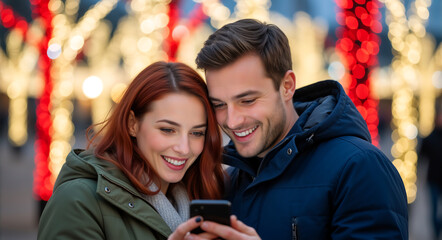 Smiling young couple using a smartphone outdoors at night. Happy man and woman sharing a moment with festive christmas lights in the city. Winter holiday and romance concept