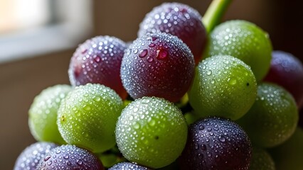 Fresh Grapes with Dew Drops - A Close-Up of Green and Purple Fruit.