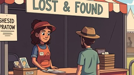 A man at a Lost and Found booth, seeking assistance from a female attendant.