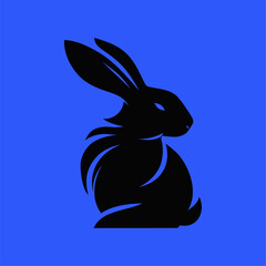 Elegant Black Rabbit Silhouette on Blue Background. Stylish black rabbit silhouette with flowing lines and upright ears against a bright blue background. Modern, clean, and perfect for logos