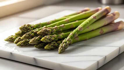 Fresh Asparagus Spears on White Marble Cutting Board.