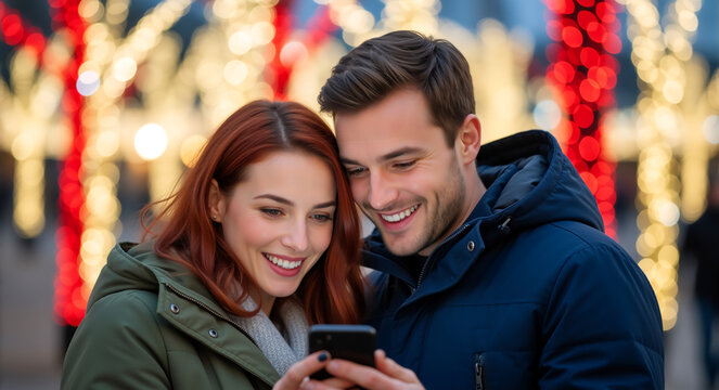 Smiling young couple using a smartphone outdoors at night. Happy man and woman sharing a moment with festive christmas lights in the city. Winter holiday and romance concept