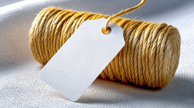 A blank white tag is attached to a spool of twine, resting on a textured linen background. The image is brightly lit.