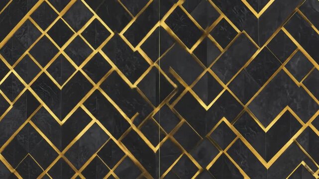 A geometric abstract pattern featuring gold lines intersecting black, irregular-shaped tiles
