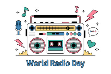 World radio day retro boombox music vector flat line art style