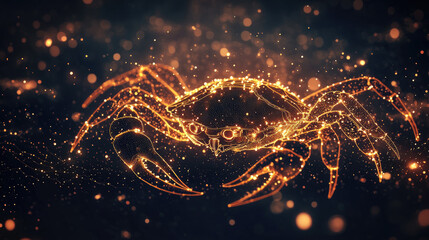 Cancer zodiac constellation in minimal line art style, thin golden lines forming crab shape on dark background, modern mystical astrology design with celestial elements and copy space for text