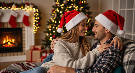 Happy young couple in santa hats celebrating christmas at home. Romantic man and woman cuddling on a couch by a cozy fireplace. Winter holiday and new year celebration