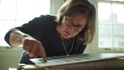 Concentrated professional female architect with eyeglasses pointing at and inspecting a detailed architectural scale model in a bright office - Powered by Adobe