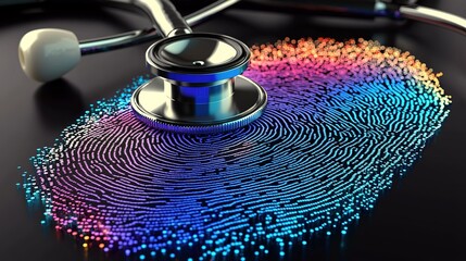 Stethoscope pickup above digital fingerprint sensor, black background, holographic