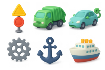 Colorful icon set featuring vehicles and nautical themes for design projects