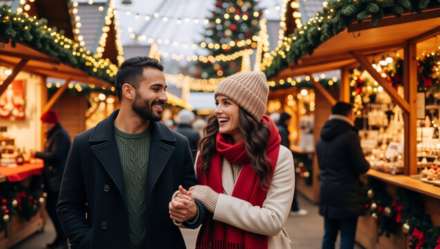 Romantic couple walking through a festive Christmas market. Happy man and woman celebrating the winter holidays together - Powered by Adobe