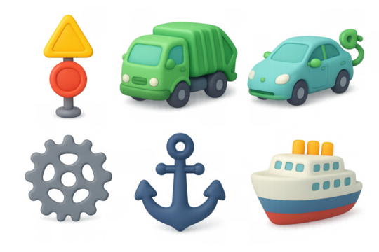 Colorful icon set featuring vehicles and nautical themes for design projects