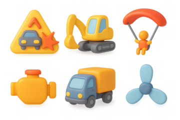 Cartoon icon set with construction and transportation elements for design projects