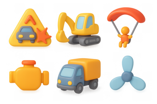 Cartoon icon set with construction and transportation elements for design projects