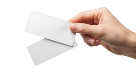 Fototapeta premium Hand Holding Two Blank White Business Cards on a White Background photo dbc73940ace88099441467995c2e31f2dr