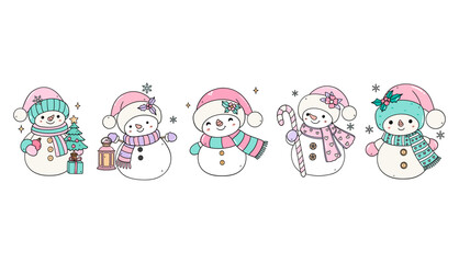 Cute Snowmen Line-Up – Pastel Christmas Characters – on Transparent Background Vector. Sweet pastel snowman lineup with winter accessories, perfect for children’s products, Christmas card, branding 