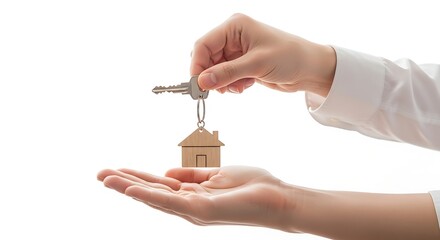 Obraz premium Hand Passing a House Key with a Wooden House Charm on a White Background photo whisk