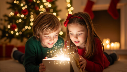 Happy children opening a magical glowing Christmas gift. A boy and girl looking with wonder at a surprise present in a box. Holiday season and childhood joy