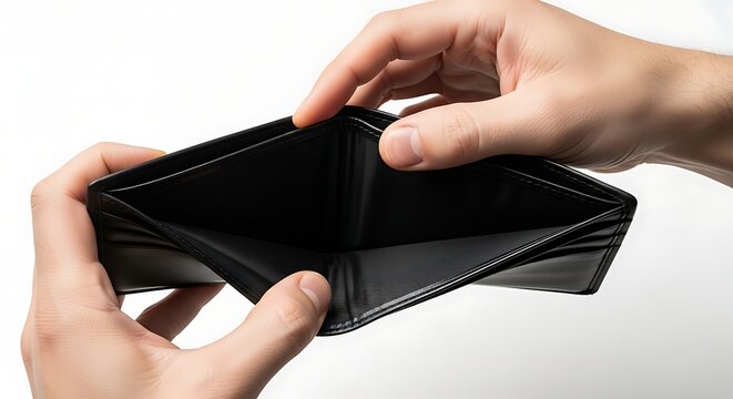 Hands Holding Open Empty Black Leather Wallet on White Background image photo