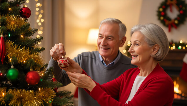 Happy senior couple decorating a Christmas tree at home. Elderly man and woman hanging ornaments during the winter holidays. Festive family tradition - Powered by Adobe