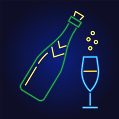 Champagne bottle with glass neon icon – celebration and New Year party vector illustration