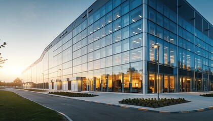 Modern glass office building sunrise, exterior reflects soft morning light, showcasing urban architecture, corporate environment, peaceful start, and contemporary business design.
