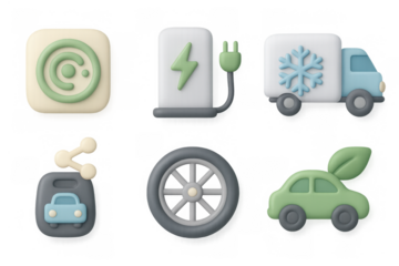 Green mobility icons featuring electric vehicles and renewable energy elements for eco-friendly design