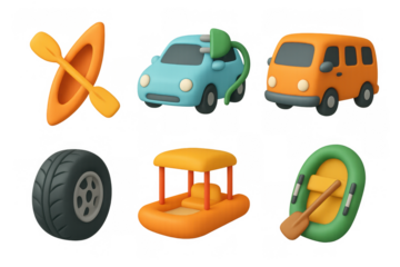 Simple vehicle icon set featuring canoe, electric car, van, tire, buggy, and inflatable boat for design projects