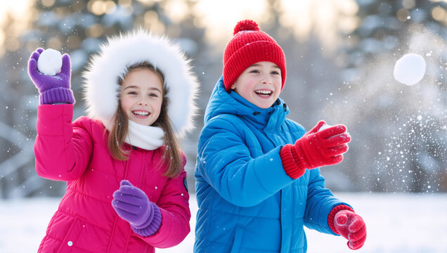 Happy children having a snowball fight in a winter park. A smiling boy and girl in warm coats playing together in the snow - Powered by Adobe