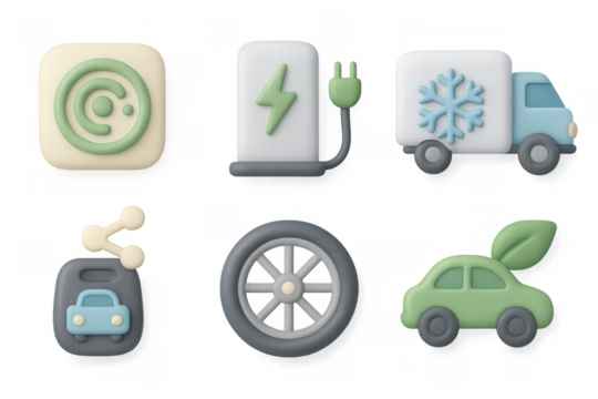 Green mobility icons featuring electric vehicles and renewable energy elements for eco-friendly design