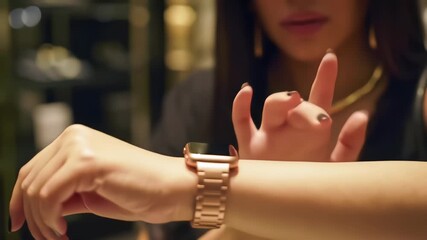 Close up of elegant woman using rose gold smartwatch with metal link strap while tapping touchscreen interface - Powered by Adobe