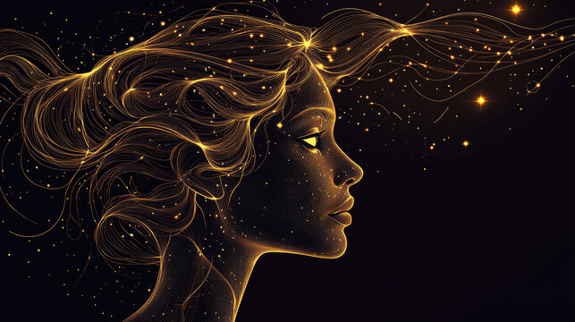 Virgo Zodiac Constellation Minimal Line Art, Thin Golden Lines on Dark Background, Modern Astrology Concept, Copy Space