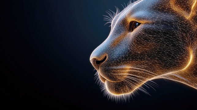 Leo zodiac sign illustrated in golden glowing style with majestic lion head, surrounded by stars and constellations on dark cosmic background, mystical astrology design with copy space for text