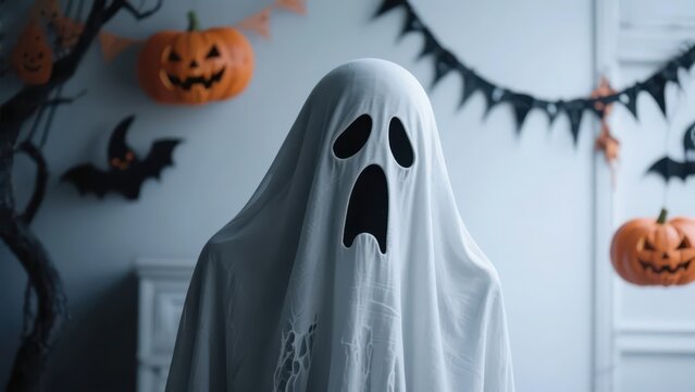 Halloween ghost decorations and jack-o'-lanterns complement each other; the white ghost shape with a dark background presents a mysterious and fun festive atmosphere.