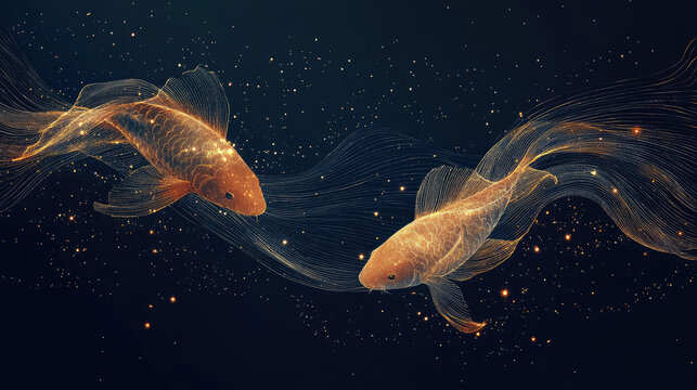 Pisces zodiac constellation in minimal line art style, thin golden lines forming two fish shape on dark background, modern mystical astrology design with celestial elements and copy space for text