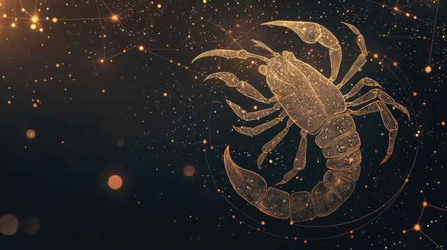 Scorpio zodiac constellation in minimal line art style, thin golden lines forming scorpion shape on dark background, modern mystical astrology design with celestial elements and copy space for text